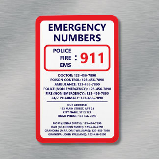 Home Emergency Numbers Useful Contact List Magnet