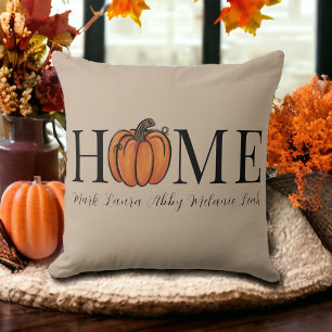 Home Fall Pumpkin Personalized Family Names Beige Throw Pillow
