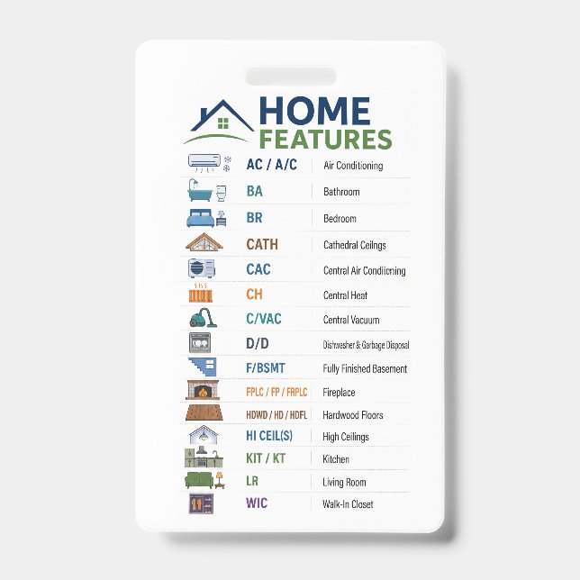 Home Features Abbreviations Cheat Sheet, Real Esta Badge (Front)