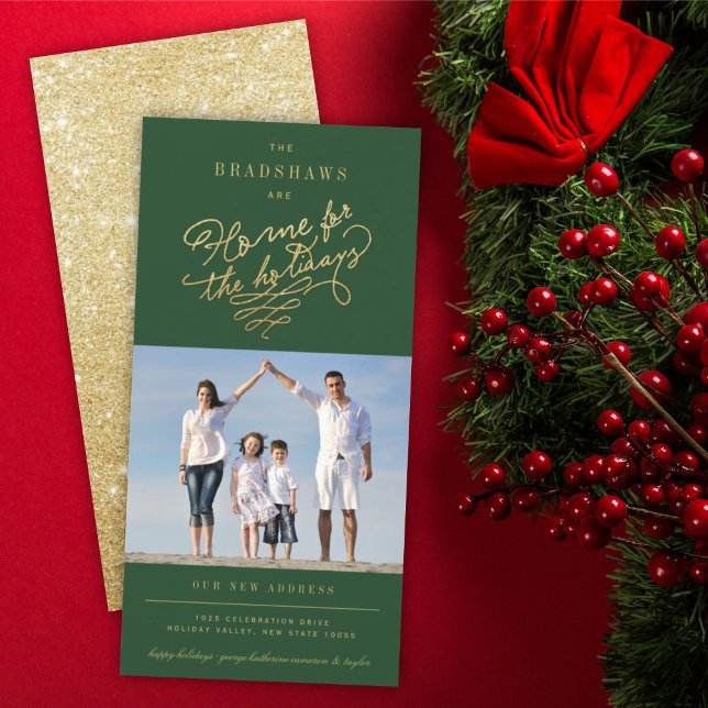 Home For The Holidays Gold Glitter New Home Photo Holiday Card (Creator Uploaded)