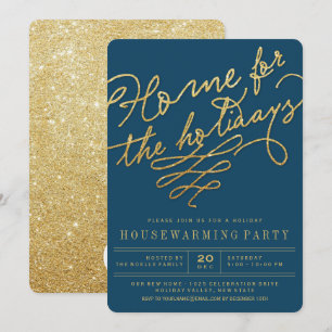 Home For The Holidays Gold Glitter Party Invite