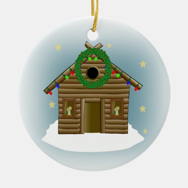 Home For The Holidays Log Cabin Christmas Ceramic Ornament (Front)