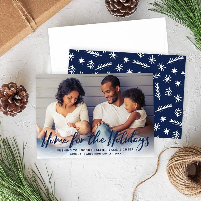 Home for the Holidays Navy Script Snowflakes Holiday Card (Creator Uploaded)