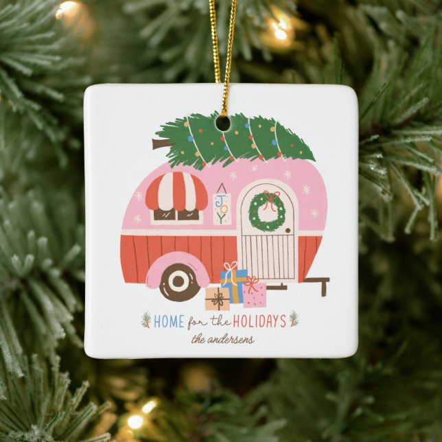 Home for the Holidays Pink Camper Christmas  Ceramic Ornament (Tree)