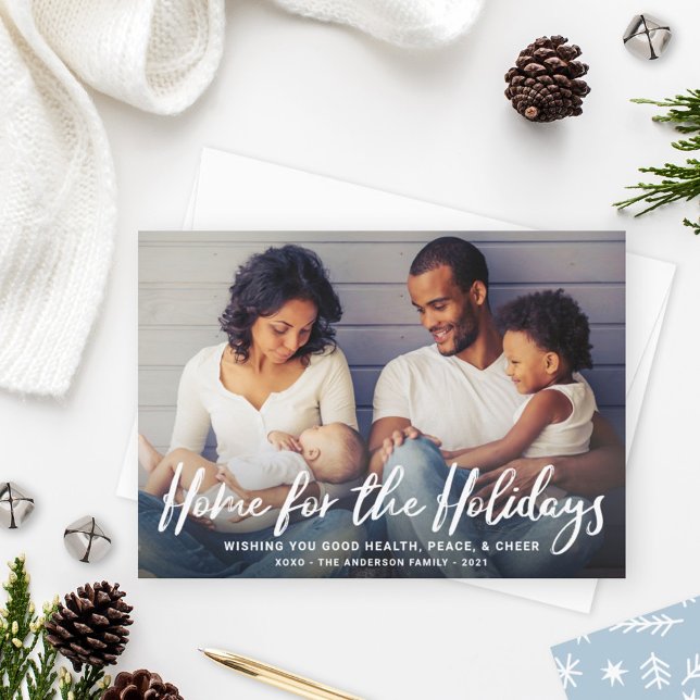 Home for the Holidays White Modern Script Photo Holiday Card (Creator Uploaded)