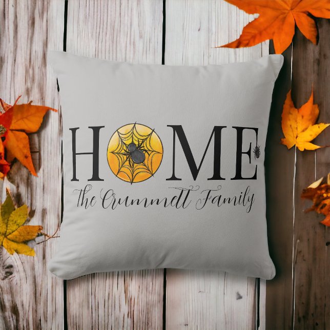 Home Halloween Spider Web Moon Family Name Throw Pillow (Creator Uploaded)