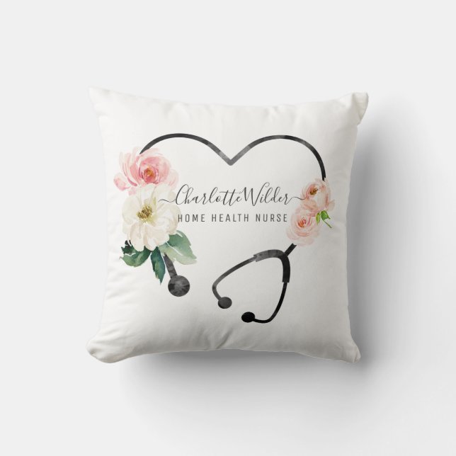 Home Health Nurse Caregiver Floral Stethoscope  Throw Pillow (Front)