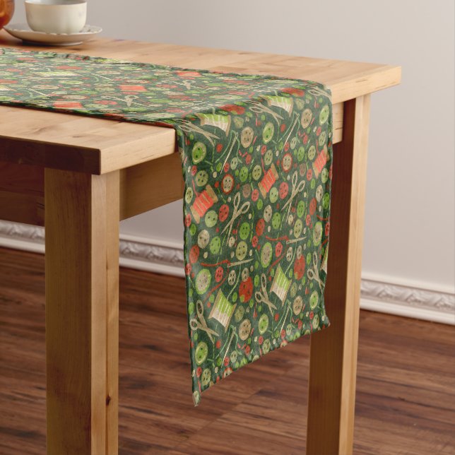 Home Hobby Sew Craft Collage Pattern Green Orange Short Table Runner (In Situ)