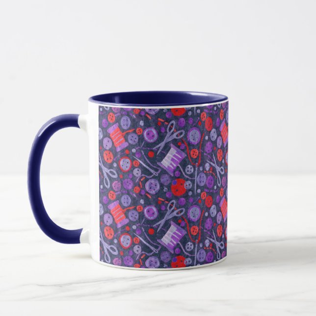 Home Hobby Sew Crafter Collage Pattern Blue Red Mug (Left)
