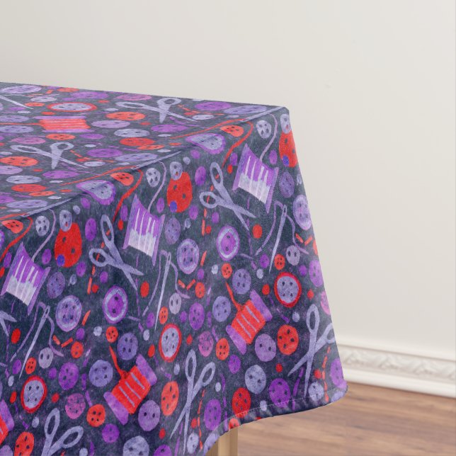 Home Hobby Sewing Craft Collage Pattern Blue Red Tablecloth (In Situ)