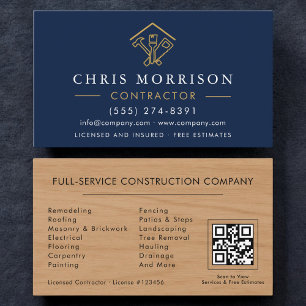 Home Improvement Navy Blue QR Code Wood Business Card