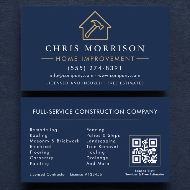 Home Improvement QR Code Navy Blue Gold  Business Card (Creator Uploaded)