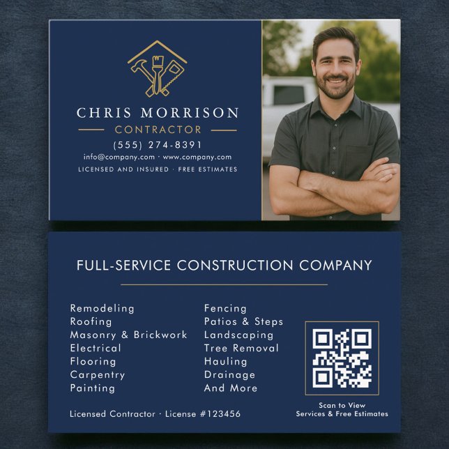 Home Improvement QR Code Photo Navy Blue Gold Business Card (Creator Uploaded)