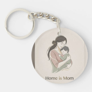 Home is Mom Minimalist Line Art Mother Child Hug K Keychain