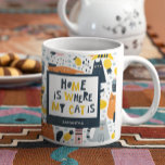 Home is Where My Cat is Monogrammed Name Kitchen Coffee Mug<br><div class="desc">Give your special cat lover his or her own special custom kitty kitchen coffee mug. Mug has the text Home is Where My Cat Is and includes space for a first name. In the background there is a pattern of adorable orange, yellow, black, and grey cats. Coffee mug makes a...</div>