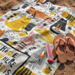 Home is Where My Cat is Pattern Monogrammed Name Beach Towel