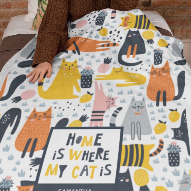 Home is Where My Cat is Pattern Monogrammed Name Fleece Blanket (Creator Uploaded)