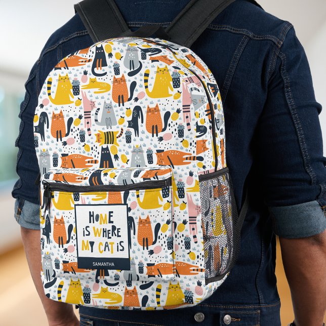 Home is Where My Cat is Pattern Monogrammed Name Printed Backpack (Creator Uploaded)