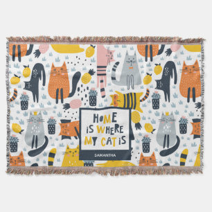 Home is Where My Cat is Pattern Monogrammed Name Throw Blanket