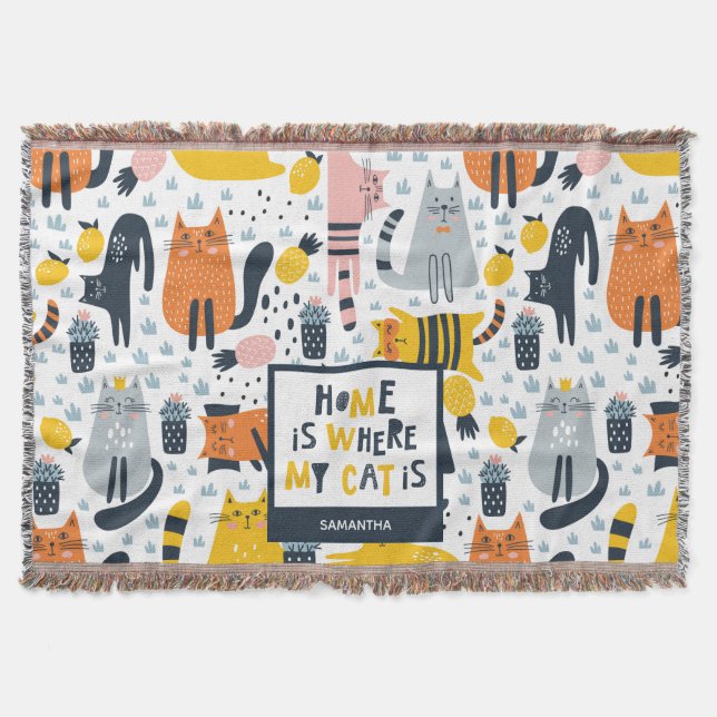 Home is Where My Cat is Pattern Monogrammed Name Throw Blanket (Front)