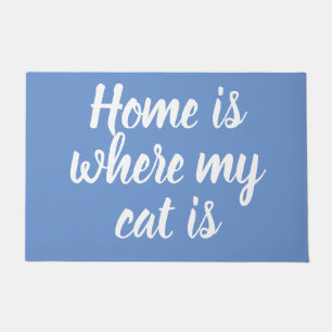 Home Is Where My Cat Is White Script Blue  Doormat