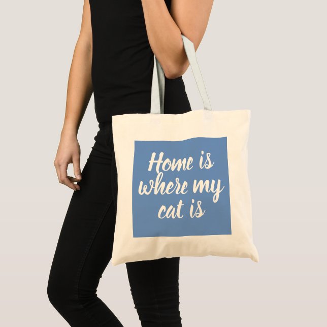 Home Is Where My Cat Is White Script Blue Tote Bag (Front (Product))
