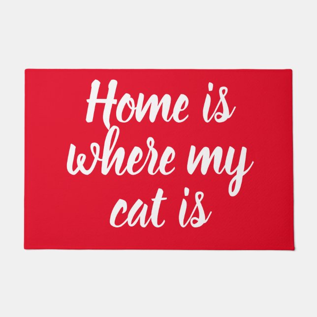 Home Is Where My Cat Is White Script Red Doormat (Front)