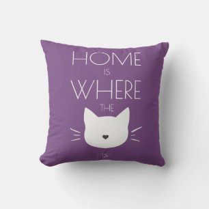 Home is where the cat is cat head pattern purple throw pillow