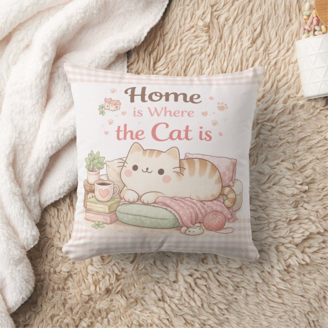 Home is Where The Cat Is Cute Kitty Pink Gingham Throw Pillow (Blanket)