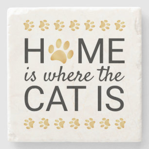 Home Is Where The Cat Is Gold Foil Paw Prints Stone Coaster