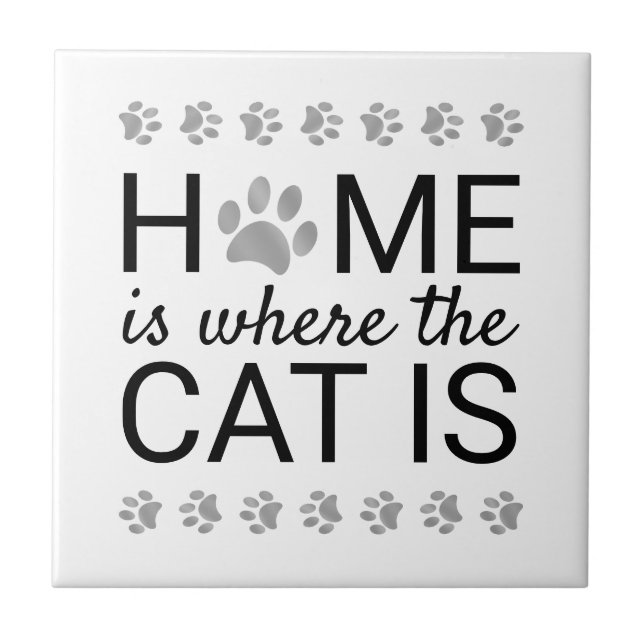 Home Is Where The Cat Is Silver Foil Paw Prints Tile (Front)