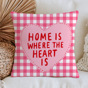 "Home Is Where The Heart" Is Pink Gingham Pattern Throw Pillow