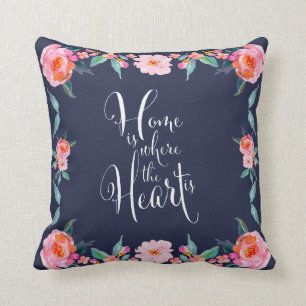 Home Is Where The Heart Is Pink Rose Floral Throw Pillow