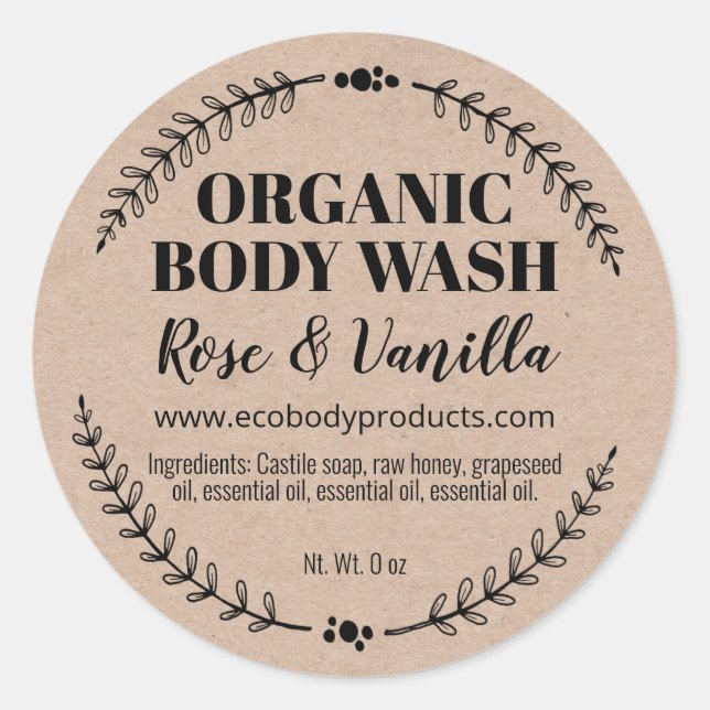 Home Made Organic Body Wash Soap Kraft Labels (Front)
