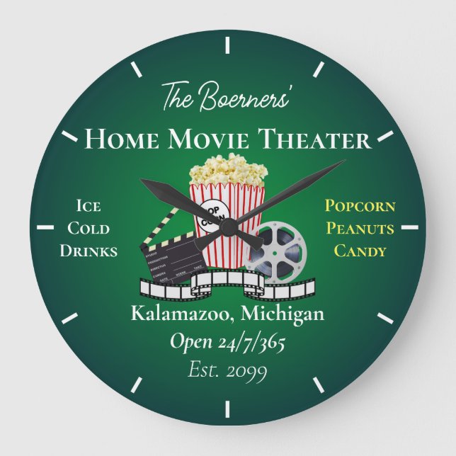 Home Movie Theatre Popcorn Clapperboard Film Round Large Clock (Front)