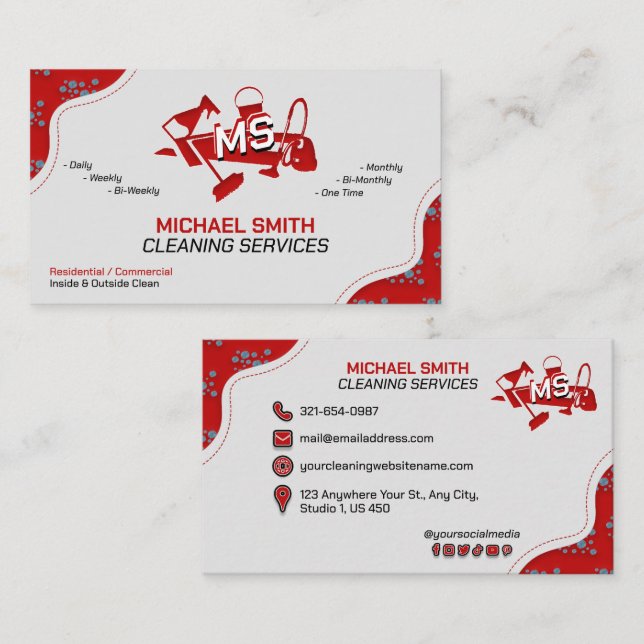 Home & Office Cleaning Services Red Logo Monogram Business Card (Front/Back)