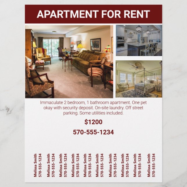 Home or Apartment For Rent Flyer Tear Off Strips (Front)