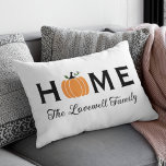 Home Orange Pumpkin Personalized Last Name Fall Lumbar Pillow<br><div class="desc">Welcome guests to your home this fall with an inviting personalized lumbar rectangle throw pillow. The simple and stylish typography design features "Home" wording with elegant custom script text for your family name and an orange harvest pumpkin accent. Includes a black,  white,  orange,  and green colour scheme.</div>