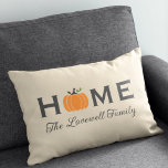 Home Orange Pumpkin Personalized Last Name Fall Lumbar Pillow<br><div class="desc">Welcome guests to your home this fall with an inviting personalized lumbar rectangle throw pillow. The simple and stylish typography design features "Home" wording with elegant custom script text for your family name and an orange harvest pumpkin accent. Includes a neutral beige,  charcoal grey,  white,  and green colour scheme.</div>