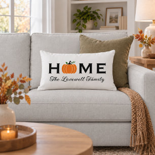 Home Orange Pumpkin Personalized Last Name Fall Lumbar Pillow