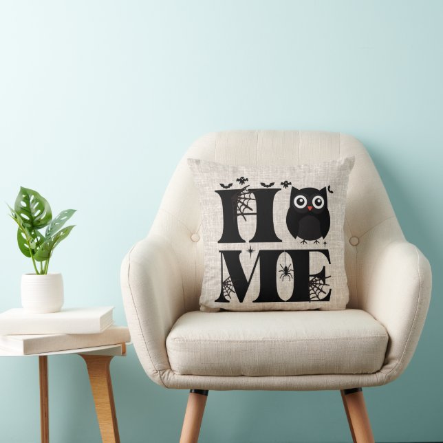 Home Owl Spiderwebs Ghosts Burlap Halloween Throw Pillow (Chair)