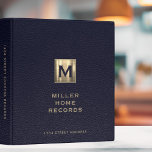 Home Records Binder Monogram Initial with Name<br><div class="desc">Keep your important home records organized and secure with this stylish home records binder. The design showcases a sleek monogram initial in brushed metallic gold, adding a personalized touch to your home management system. Below the monogram, you'll find the surname and "Home Records" in golden classic typography, emphasizing its purpose....</div>