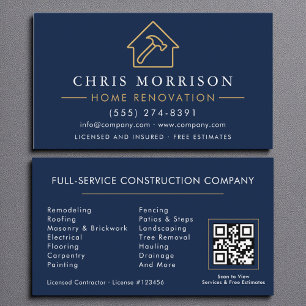 Home Renovation Repair Navy Blue Gold QR Code Business Card
