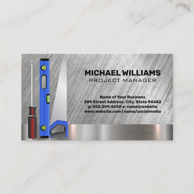 Home Renovation Tools | Metal Background Business Card (Front)