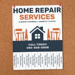 Home Repair Services Tear Off Strips Flyer<br><div class="desc">A professional home repair service flyer design with tear off strips in navy blue and orange colors with an illustration including hammer, screwdriver, paint roller, handsaw, wrench arranged around a house silhouette icon. Fully customizable, it can be perfect for all kinds of repair activities such as handyman, home repair services,...</div>