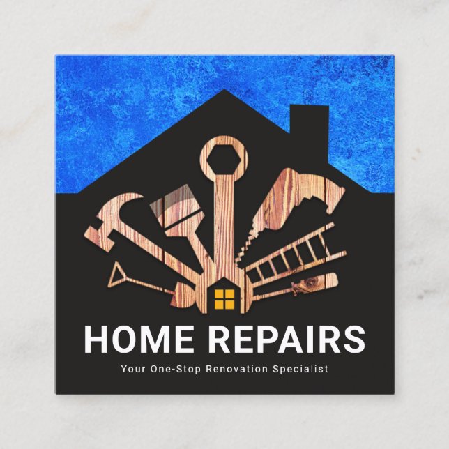 Home Repair Tools Wood Building Silhouette Square Business Card (Front)