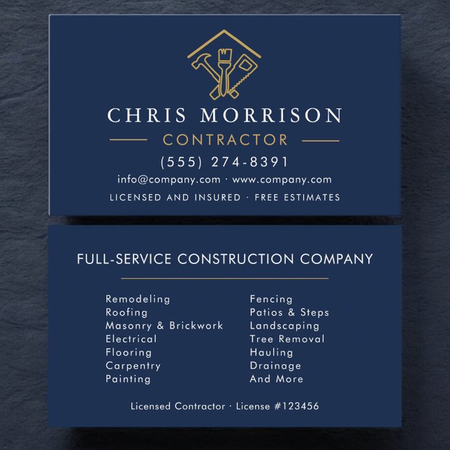 Home Repairs Construction Navy Blue Gold  Business Card (Creator Uploaded)