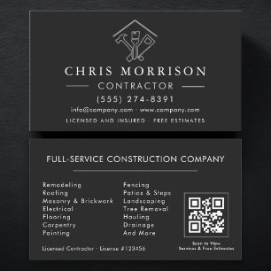 Home Repairs Contractor Black Silver QR Code Business Card