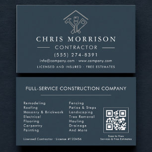 Home Repairs Contractor Blue Silver QR Code Business Card