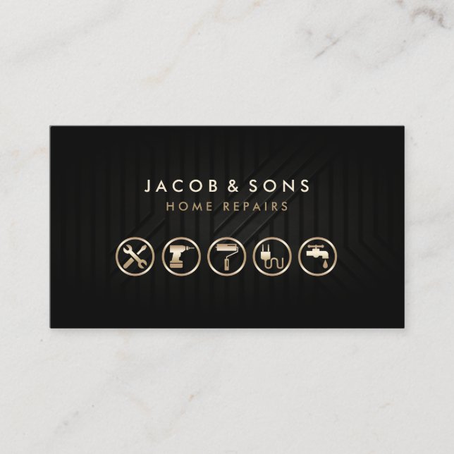 Home Repairs Gold Icons Black Metal Texture Business Card (Front)